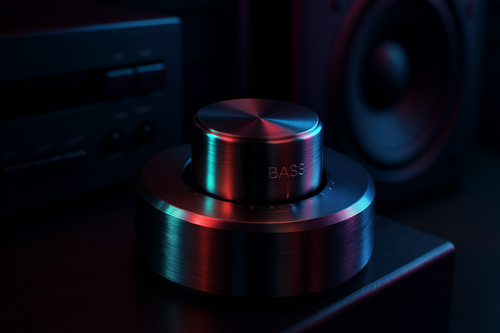 Bass controller knob installed near stereo/subwoofer. Metallic finish, subtle neon reflections, dark interior.