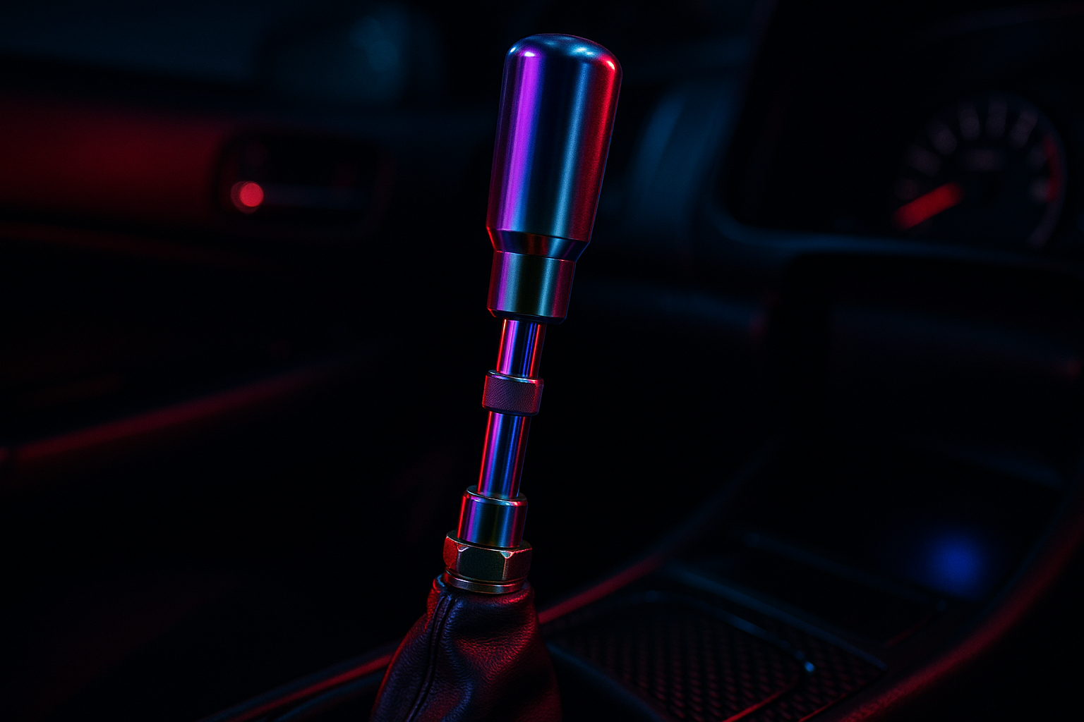 “Close-up of an anodized aluminum JDM shift knob with adjustable extension rod inside a dimly lit car interior. Neon reflections in red and blue, carbon fiber trim, night-time racing vibe, cinematic focus on the shifter.”